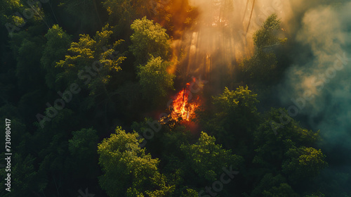 Top-down aerial drone view of forest wildfire burning. Forest fires increasing in frequency due to global warming and climate change 