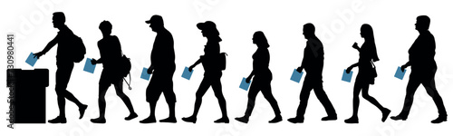 Crowd of voters votes in elections. Crowd people with ballot papers go to the ballot box. Silhouette vector illustration
