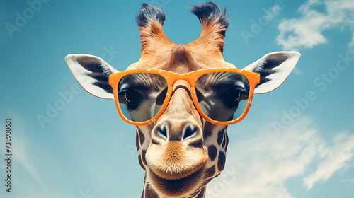 Close-up selfie portrait of a funny giraffe wearing sunglasses photo
