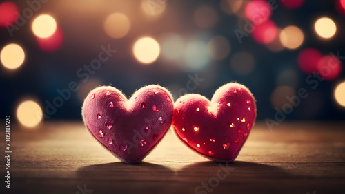 Bright red hearts glow in defocused lights, symbolizing love, togetherness, and happiness, creating a dreamy atmosphere for bonding.