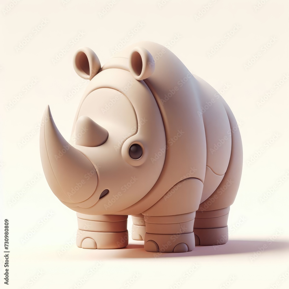 Majestic 3D rhinoceros on a light background. 3D clay cartoon model of a rhinoceros. Majestic 3D rhinoceros on a light background. 3D clay cartoon model of a rhinoceros.