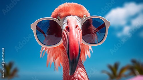 Close-up selfie portrait of a fantastic flamingo wearing sunglasses