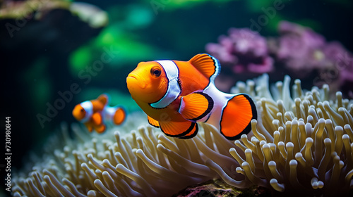 Underwater Photography of a Clownfish, Capturing the Brilliant Colors and Graceful Movement of Marine Life, Perfect for Oceanic Exploration, Aquatic Conservation, and Nature Documentaries
