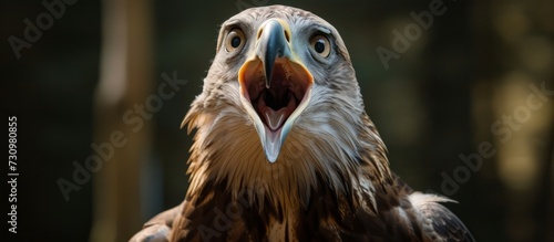 Closeup of an eagle in flight with open beak