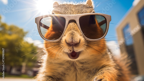 Close-up selfie portrait of a hilarious squirrel wearing sunglasses © Dennis