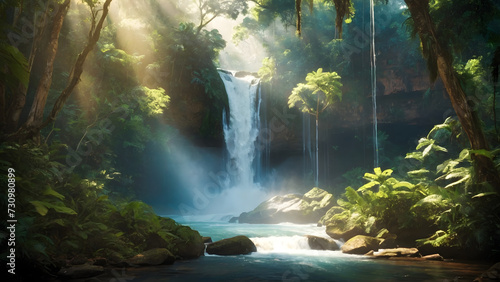 Sunlight cascades over the waterfall, illuminating the lush greenery, creating a fresh and captivating scene of natural beauty.
