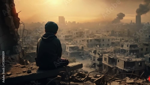 Political conflict. Destroyed buildings background. Terrible tragic war concept. Global crisis. People suffer. Poor boy look at Bombed ruined houses. City streets after rocket bomb explosion. photo