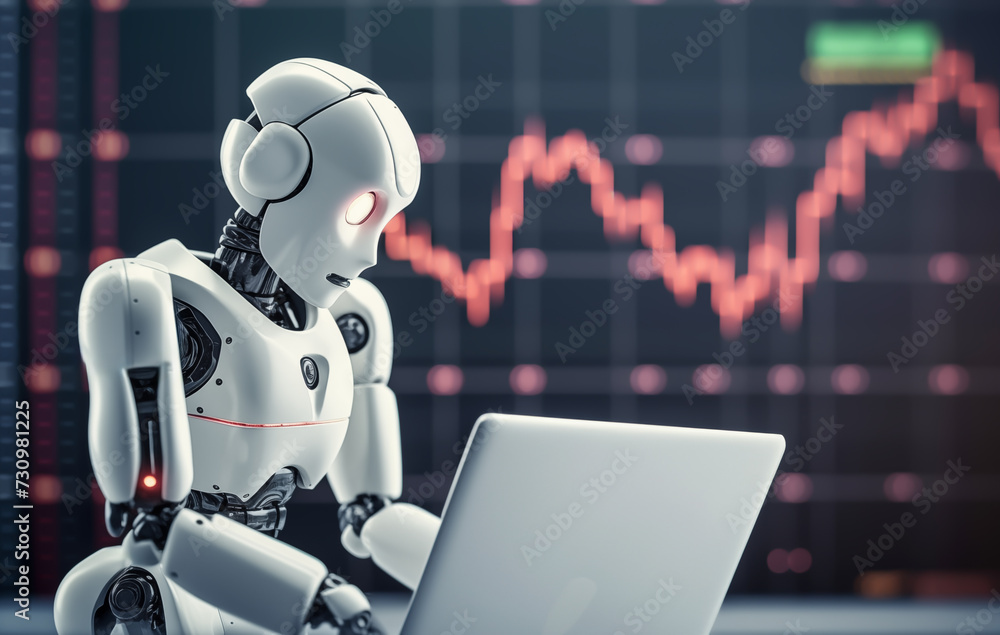 Naklejka premium AI Trading. AI Robot on chatGPT generate analytic Trading chart. AI trading bots. Artificial intelligence bot on investment. Broker Crypto bot. Trader Robot on analys cryptocurrency. Gas oil futures