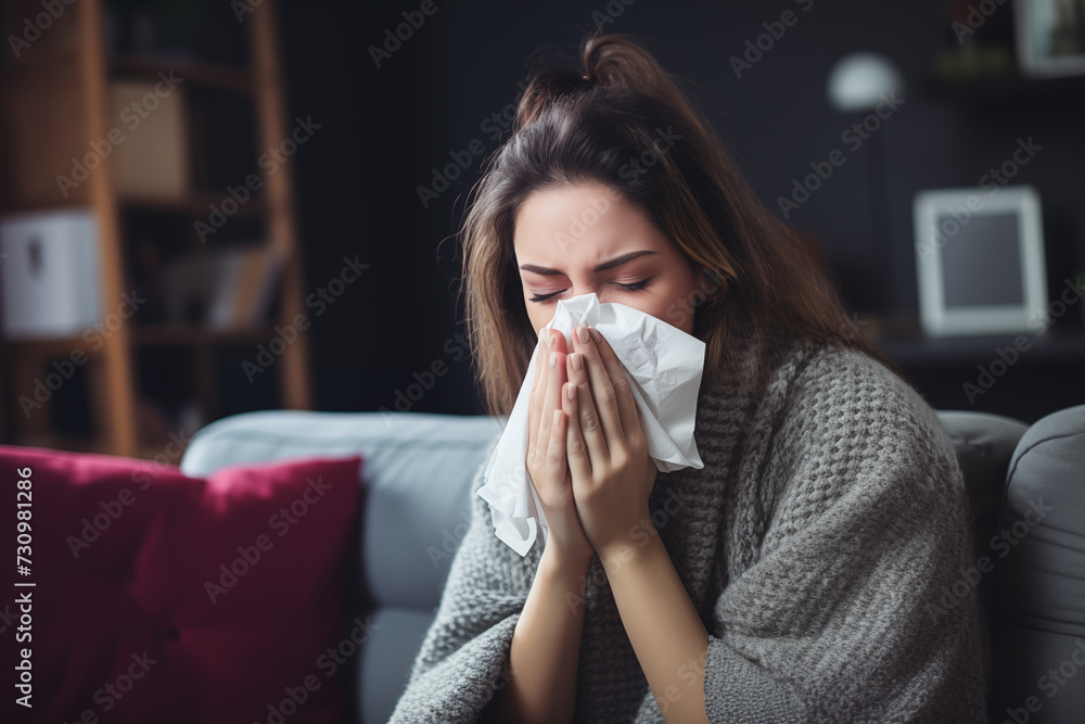 Woman sneezing on a sofa with allergy, cold or flu in her home Woman sneezing on a sofa with allergy, cold or flu in her home