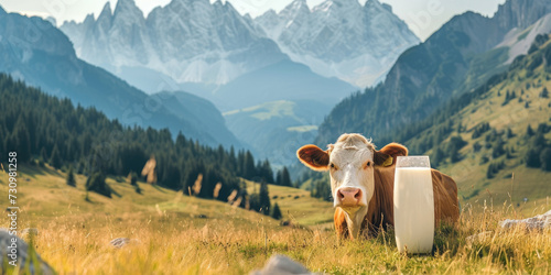 Milk in glass and dairy cow on the background of mountain landscape. Copy space photo