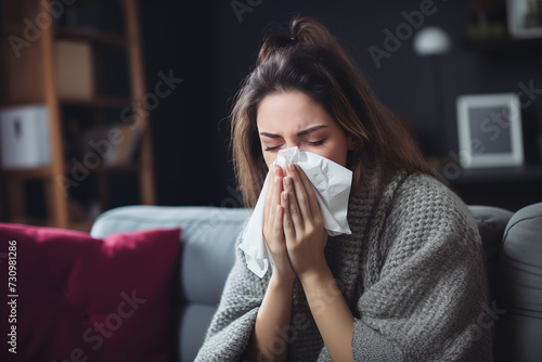 Woman sneezing on a sofa with allergy, cold or flu in her home