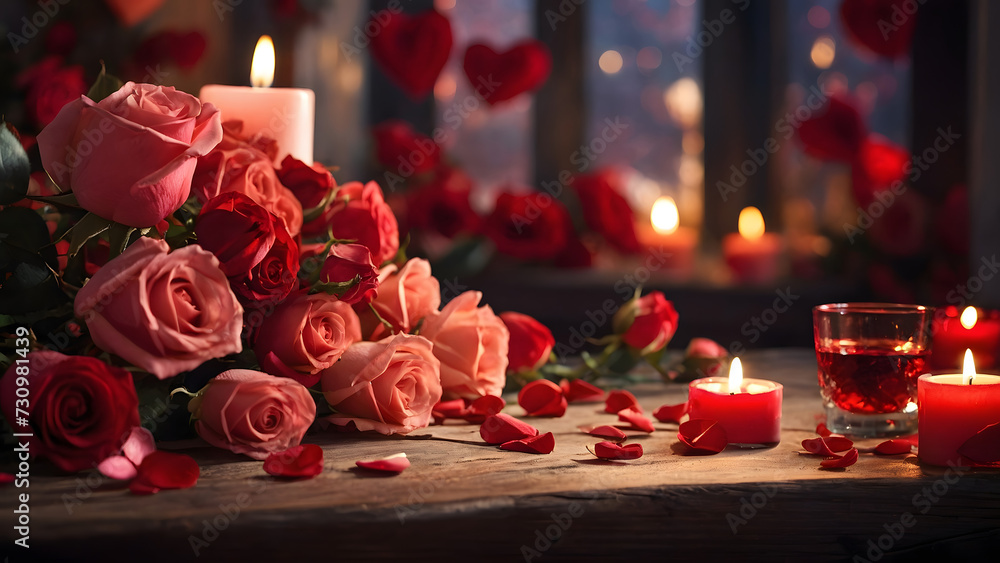 A candlelit celebration adorned with roses, set on a beautifully decorated table, evoking love and luxury in a vintage-inspired setting. A candlelit celebration adorned with roses, set on a beautifully decorated table, evoking love and luxury in a vintage-inspired setting.