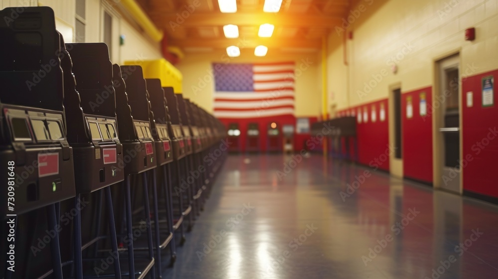 Row of Lockers in a Gym With American Flag on Wall