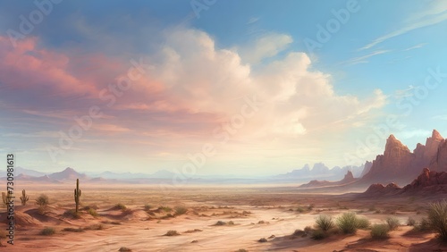Realistic picture of desert landscape with beautiful sky