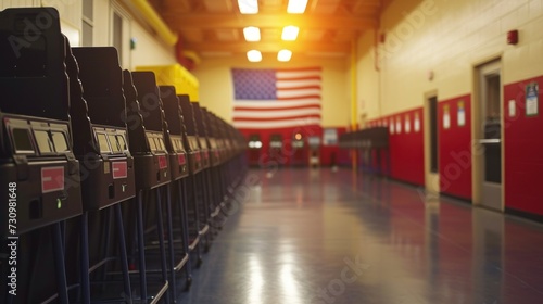 Row of Lockers in a Gym With American Flag on Wall photo