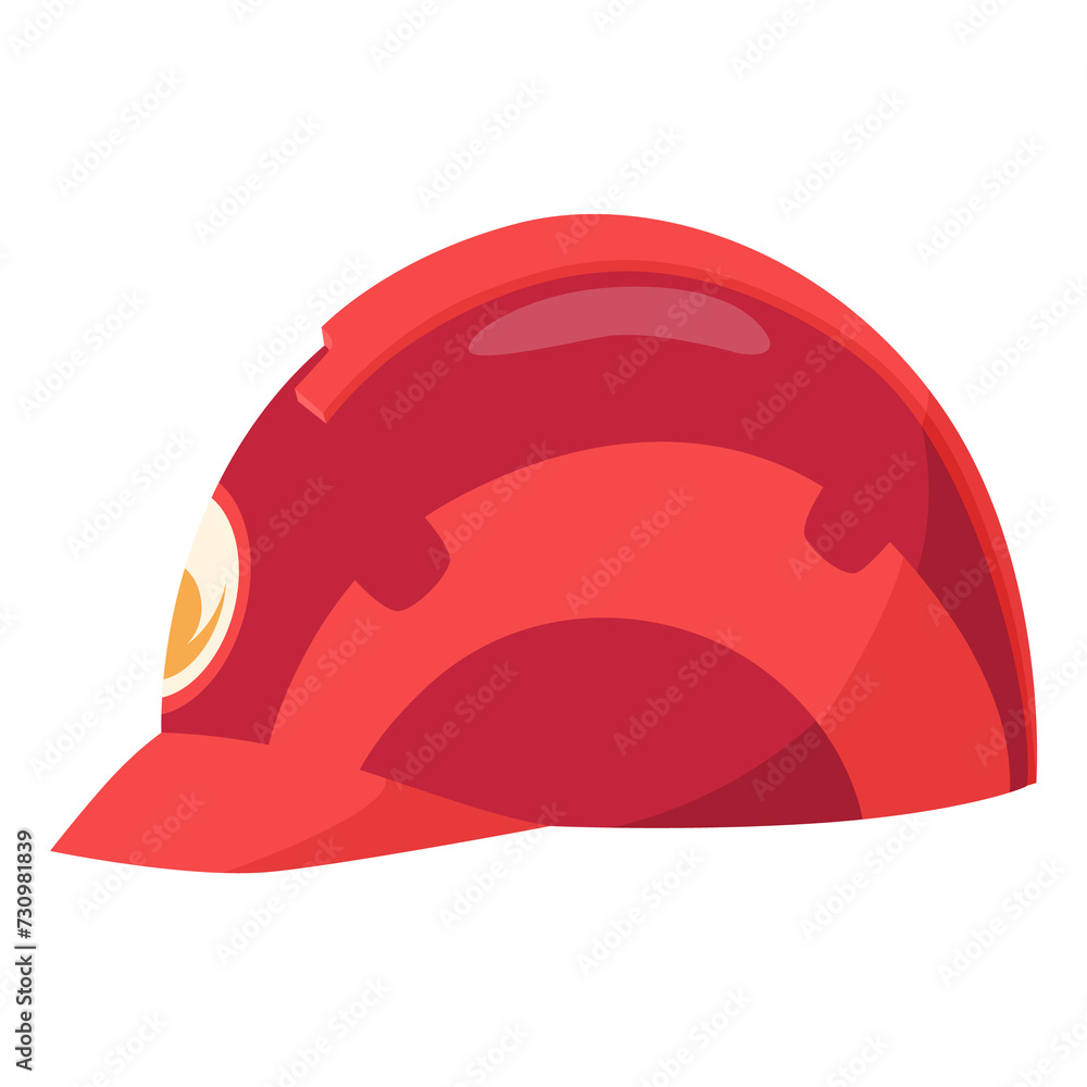 Fireman helmet icon, side view. Hat of firefighter with metal emblemsor logo. Red fireman cup, uniform headwear. illustration isolated on white Fireman helmet icon, side view. Hat of firefighter with metal emblemsor logo. Red fireman cup, uniform headwear. illustration isolated on white