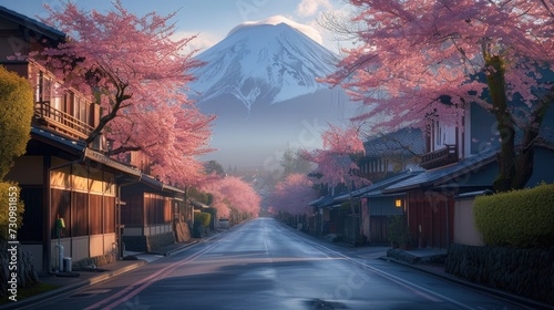 countryside road with blooming cherry blossoms pass through traditional Japanese village at countryside of Japan at Mount Fuji area. photo