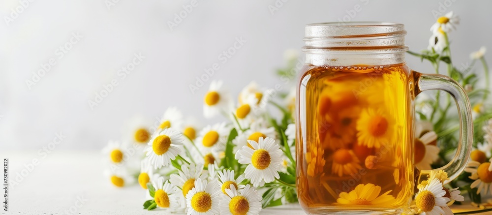 A jar of golden honey sits near a vibrant bouquet of daisies on a table, combining the essence of flowers and liquid sweetness. A jar of golden honey sits near a vibrant bouquet of daisies on a table, combining the essence of flowers and liquid sweetness.