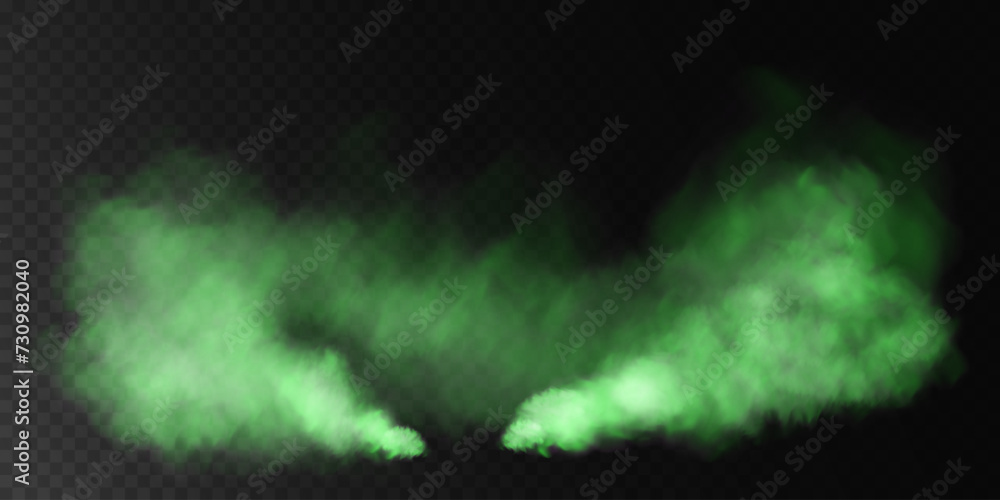 Fog or smoke, green smog clouds on floor, isolated transparent special effect. Vector illustration, morning fog over land or water surface, magic haze.