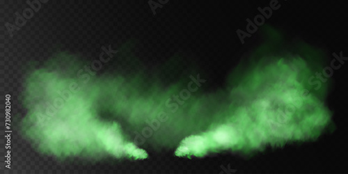 Fog or smoke, green smog clouds on floor, isolated transparent special effect. Vector illustration, morning fog over land or water surface, magic haze.
