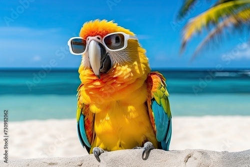 Colorful parrot in sunglasses sitting on summer tropical beach, blue sea and bright sky photo