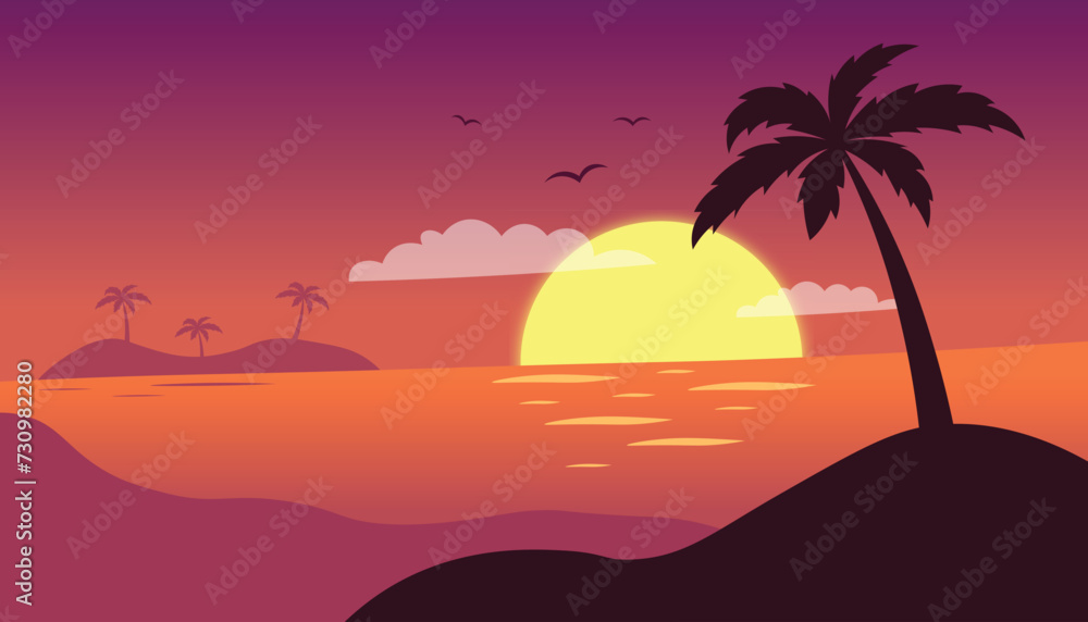 Sunset Summer Beach background vector illustration.