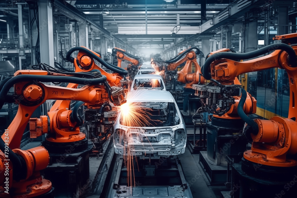 Robots in workshop of automobile plant. Automotive robotic factory. Welding Robot, assembly line production cars Manufacture. Robotic line conveyor. Robotic Welding Manufacture. Car assembly plant Robots in workshop of automobile plant. Automotive robotic factory. Welding Robot, assembly line production cars Manufacture. Robotic line conveyor. Robotic Welding Manufacture. Car assembly plant
