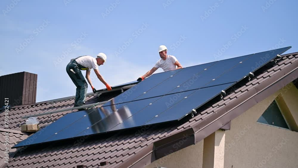 Workers building solar panel system on roof of house. Two men installers in helmets carrying photovoltaic solar module outdoors. Alternative, green and renewable energy generation concept.