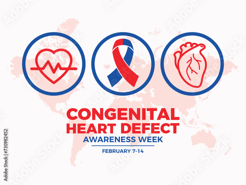 Congenital Heart Defect Awareness Week poster vector illustration. Red blue awareness ribbon and heart organ icon set. CHD Awareness Week every year February 7-14. Important day