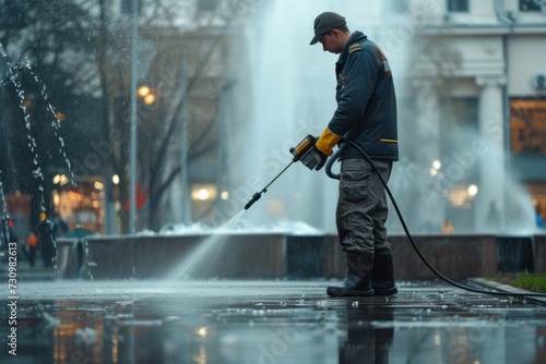 Man Cleaning Fountain With Water Hose © lublubachka
