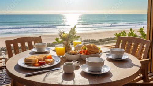 Continental breakfast table with ocean view