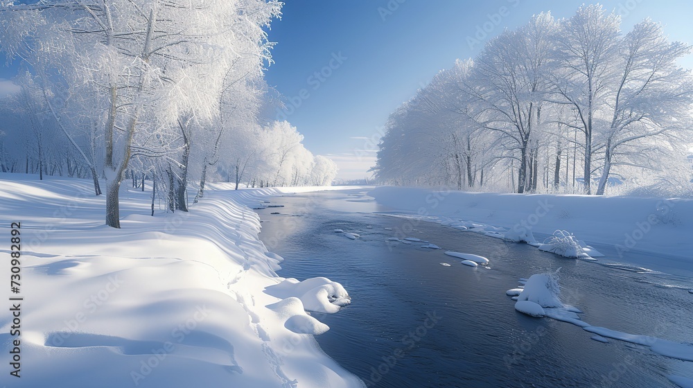 Amazing snowy landscape midst of winter, the enchanting beauty of nature emerges as the pure white snow blankets the land, Winter landscape. Winter trees and river. Winter background, banner Amazing snowy landscape midst of winter, the enchanting beauty of nature emerges as the pure white snow blankets the land, Winter landscape. Winter trees and river. Winter background, banner