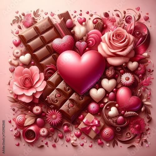 valentine background design. chocolate, flowers and hearts red illustration. love and romantic