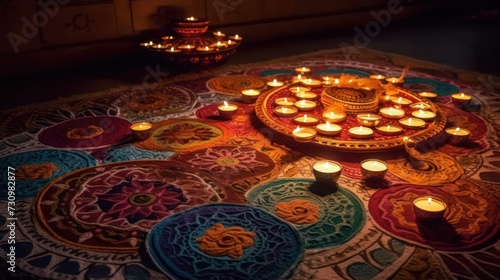 Diwali Rangoli with diya. Generative AI