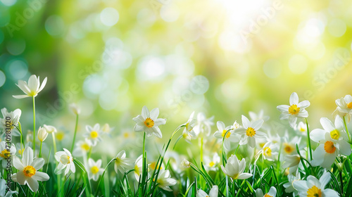 Beautiful white flowers in spring in a forest close-up in sunlight in nature. Spring forest landscape 