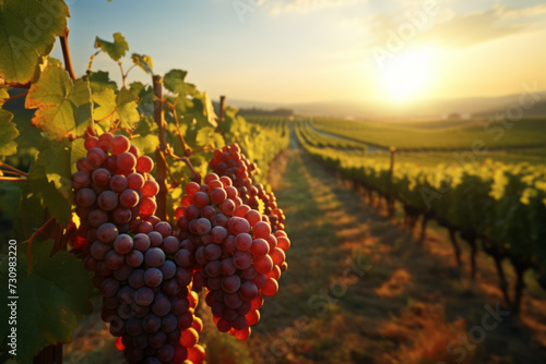 Green field with rows of vines for harvesting. Ripe grapes for the production of fine wines.