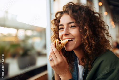 Young woman eating taco on a food court photo