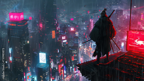 Futuristic samurai standing on a building in cybe