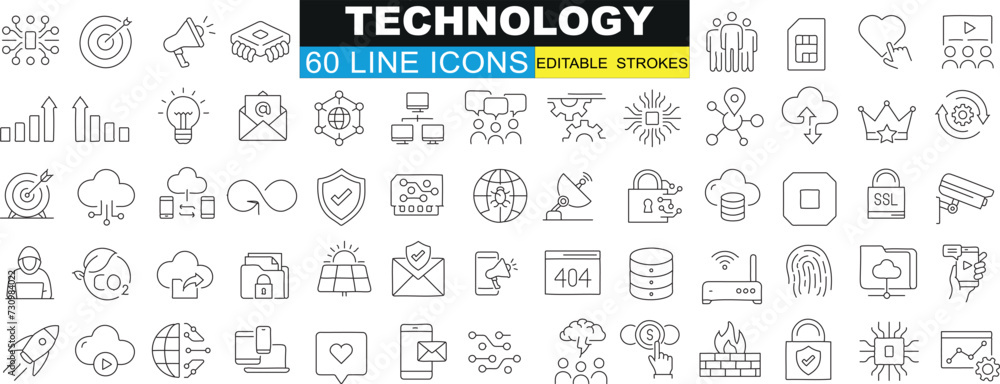 Technology line icon in vector format, perfect for web design and apps. Includes cloud computing, security, networking, energy, battery, power, data server, internet, mobile phone, computer mouse