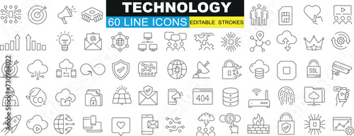 Technology line icon in vector format, perfect for web design and apps. Includes cloud computing, security, networking, energy, battery, power, data server, internet, mobile phone, computer mouse © Arafat