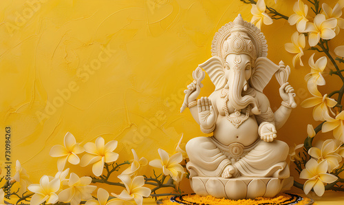 Festive statue of the Hindu god Ganesh on yellow background. Hinduism religion and ethnic concept. For Ugadi, Gudi Padwa Hindu New Year celebration. Subject shot for wallpaper, banner with copy space