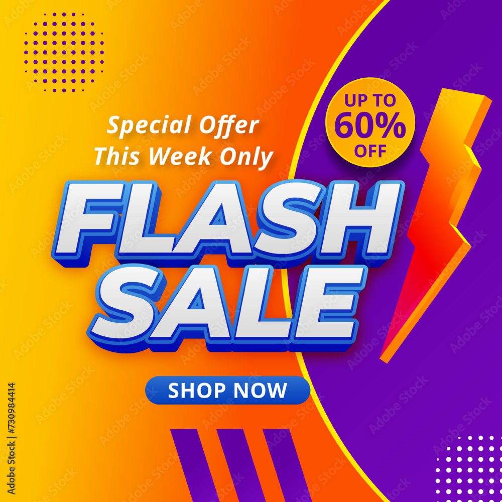 Modern Flash Sale with discount up to 60%. Special Offer. Shop Now. This Week Only. Realistic 3d Flash Sale Background. Get 60% Off.
