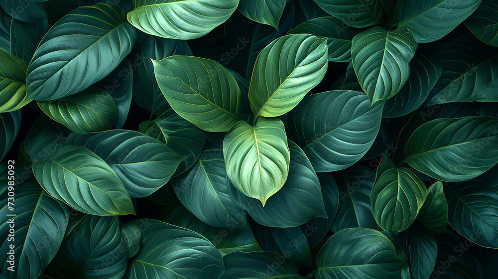 leaves of Spathiphyllum cannifolium, abstract green texture, nature background, tropical leaf