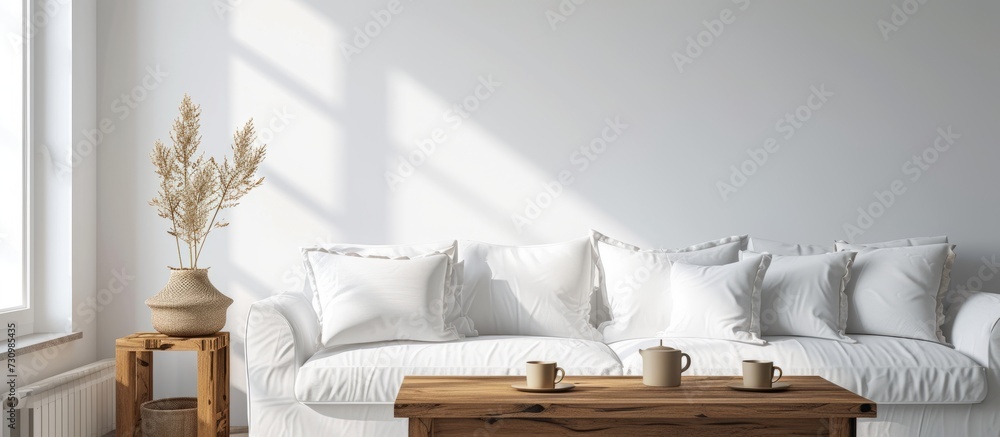 The house features a spacious living room adorned with a beautiful white couch and a sturdy wooden table. The house features a spacious living room adorned with a beautiful white couch and a sturdy wooden table.