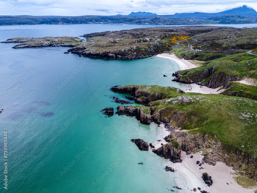 Fototapeta premium Travel in Scotland , North Coast 500 nc500, View of Ceannabeinne Beach near Durness on north coast of , clear and transparent blue water, Highland Region , Scotland, Uk