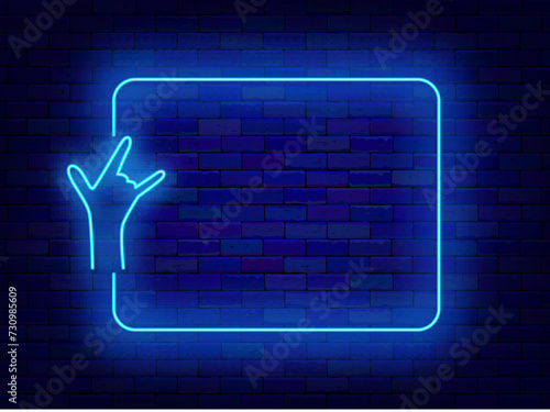 Rok festival. Dance party neon advertising. Cool man hand and empty blue frame. Disco event holiday. Vector illustration