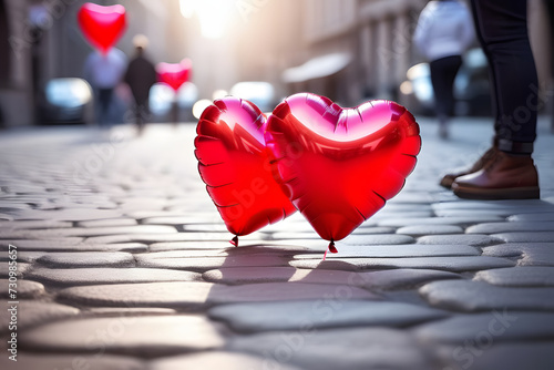 Red heart-shaped balloons on a stone street. Valentines Day concept.