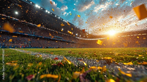 Golden confetti flutters over a sunlit soccer stadium