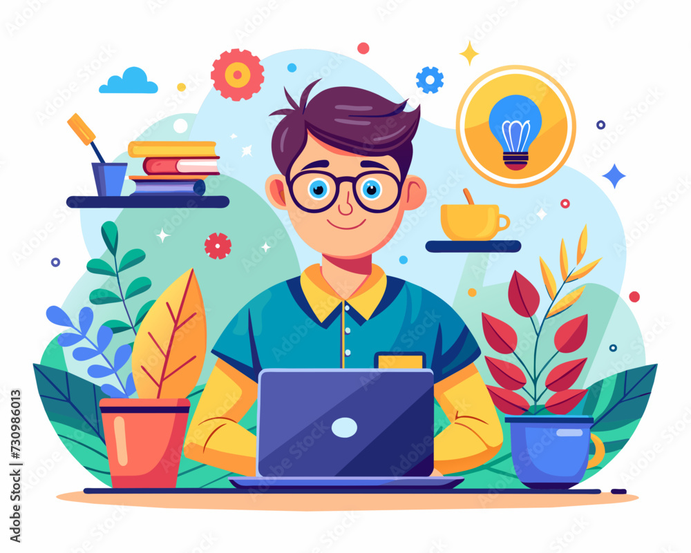 designer secretary man with a laptop programmer tester digital artist student SMM remote work worker laptop freelancer home office Vector illustration creative human designer secretary man with a laptop programmer tester digital artist student SMM remote work worker laptop freelancer home office Vector illustration creative human
