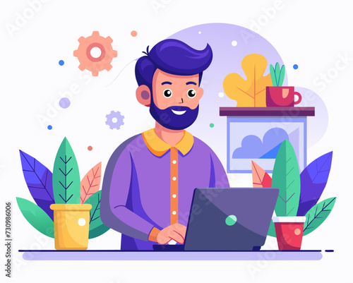 designer secretary man with a laptop programmer tester digital artist student SMM remote work worker laptop freelancer home office Vector illustration creative human
